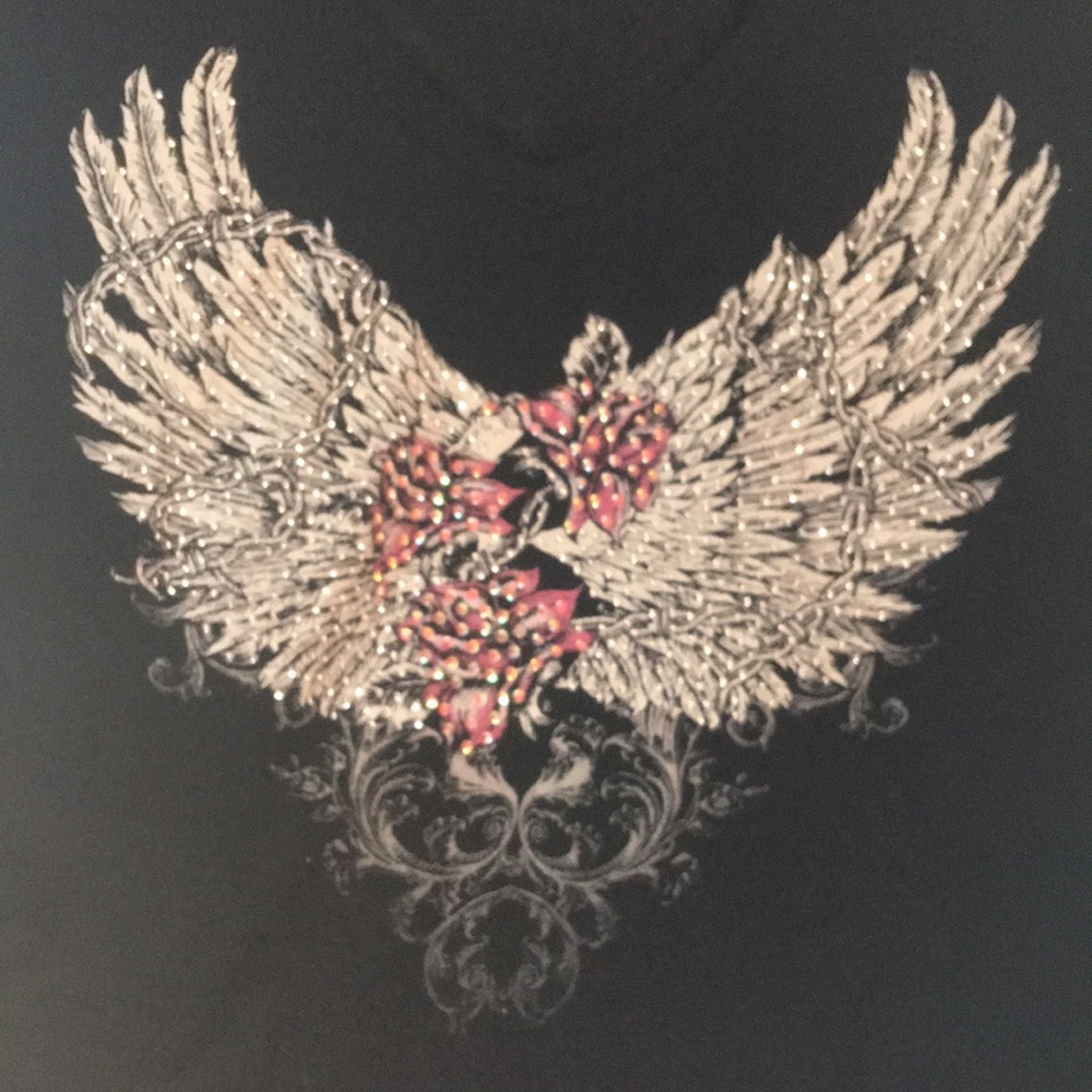 Liberty ware biker bling long sleeve V-neck T-shirt roses wings barbed wire